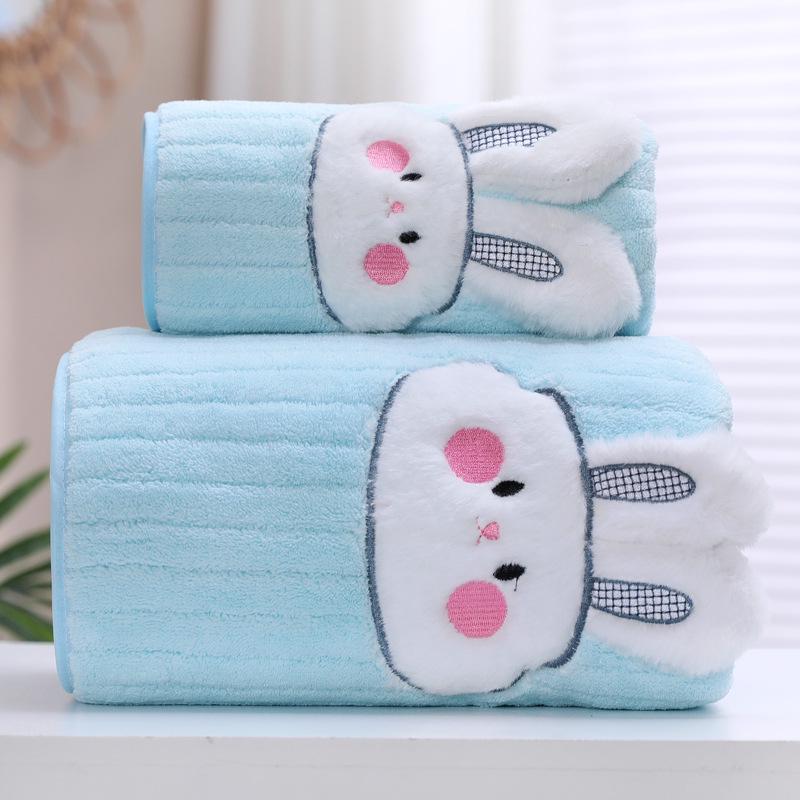 Plus Size Cartoon Rabbit Bath Towel Set for Kids - Cute, Quick Dry, and Absorbent Coral Fleece for Home Use