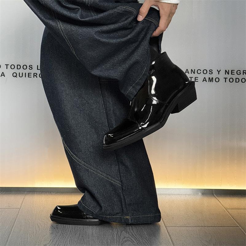 Zipper Chelsea Boots Men's Boots Pointed Short Boots Tide High Top Leather Shoes Martin Boots British Leather Boots 66633-J