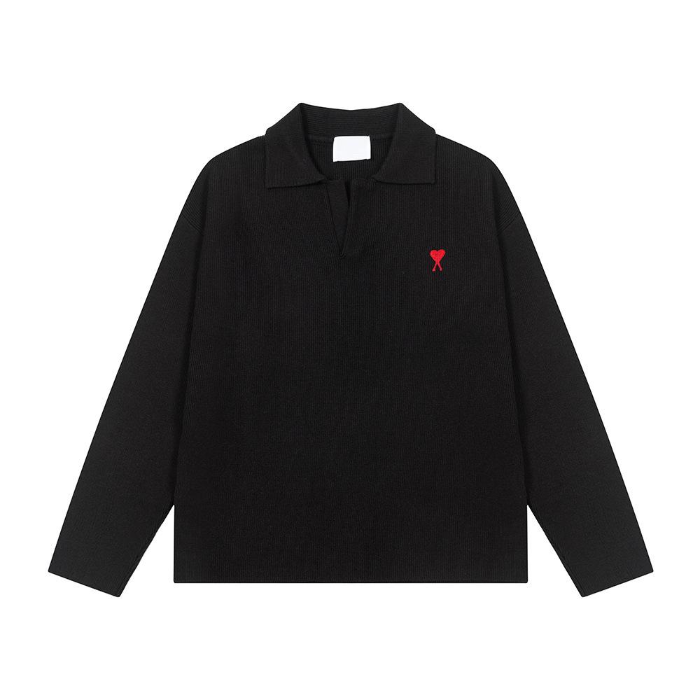 American Loose Casual Long Sleeve Knitted Polo Shirt with Love Heart Embroidery Small