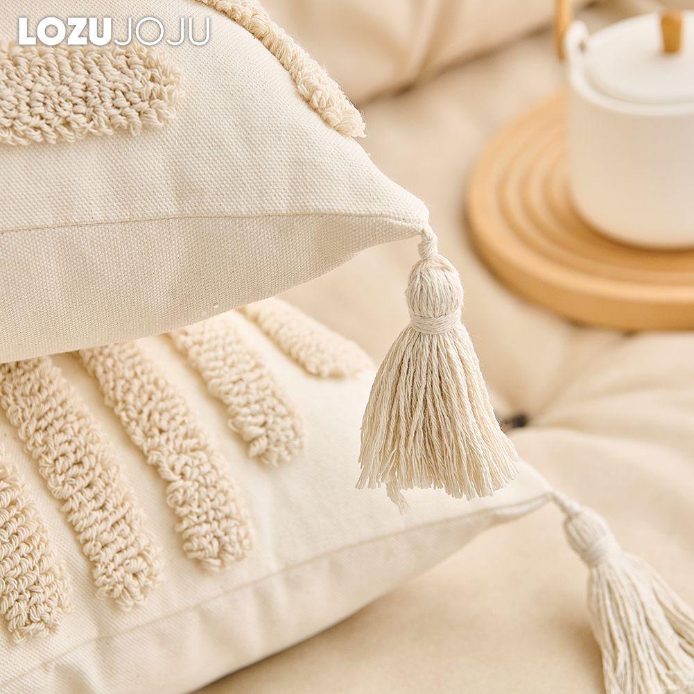 1PC LOZUJOJU Beige Soft Cushion Cover Bohemian Tassel Style Tufted Embroidered Pillowcase for Sofa Living Room Bedroom Home Decor