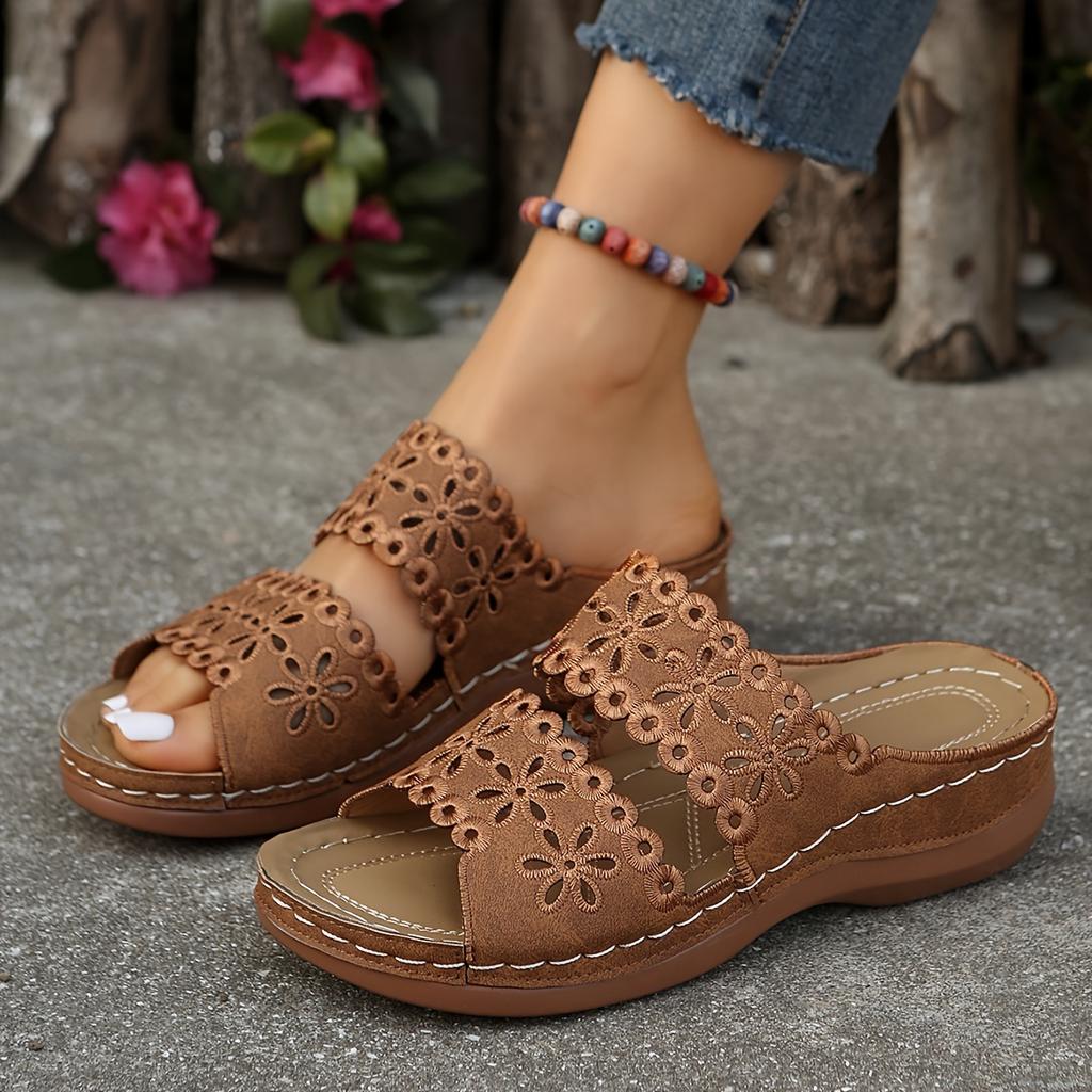 Ladies' Floral Hollow Slip In Sandals - Summer Breathable Open Design Mid Heel Casual Shoes with Soft PU Sole,  Cross Strap Sandals
