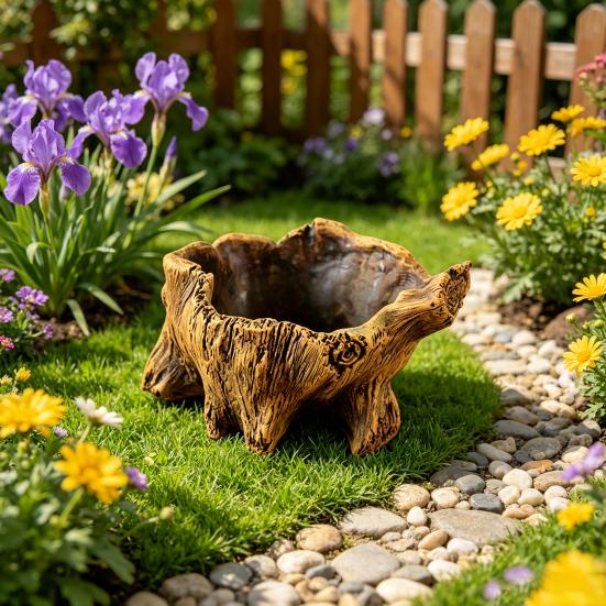 Flowerpot Hand-Painted Imitation Old Tree Stump Shape Outdoor Garden Planter Cement Texture Weatherproof Plant Container