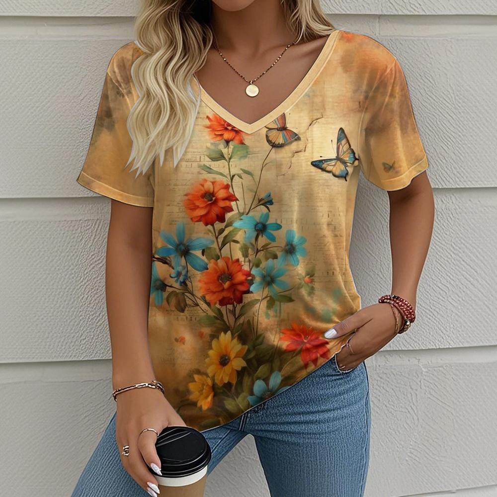 Flower Butterfly T-Shirts 3D Print Women V-Neck Short Sleeve T-Shirt Casual Breathable Loose Oversized Comfortable T-Shirt