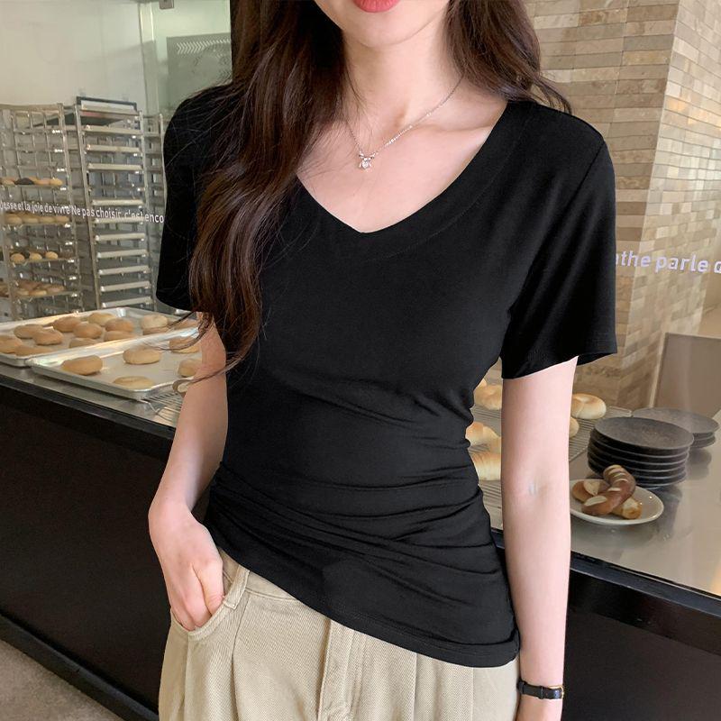 

Women s Summer 2025 Black V-Neck Short Sleeve Versatile T-Shirt Small чёрный