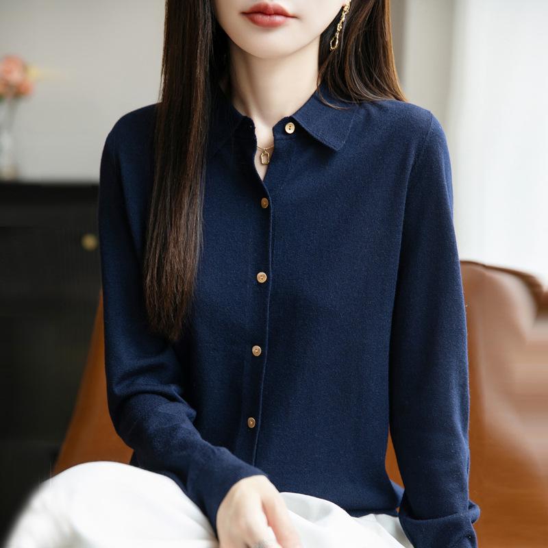 Damen Strickjacke für den Frühherbst: Polo-Kragen Langarm Pullover-Top