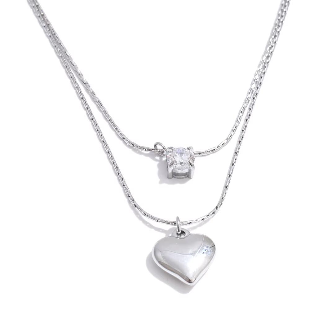 

Yhpup Stainless Steel Double-Layer Cubic Zirconia Heart Drop Overlay Necklace Valentine s Day Gift Popular Chic Neck Jewelry