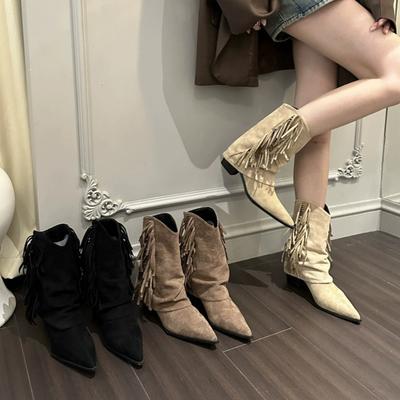 Cizme de cowboy western cu toc gros și gură în V, cizme pentru femei, 2025, cizme scurte retro cu vârf ascuțit, versatile pentru primăvară și toamnă