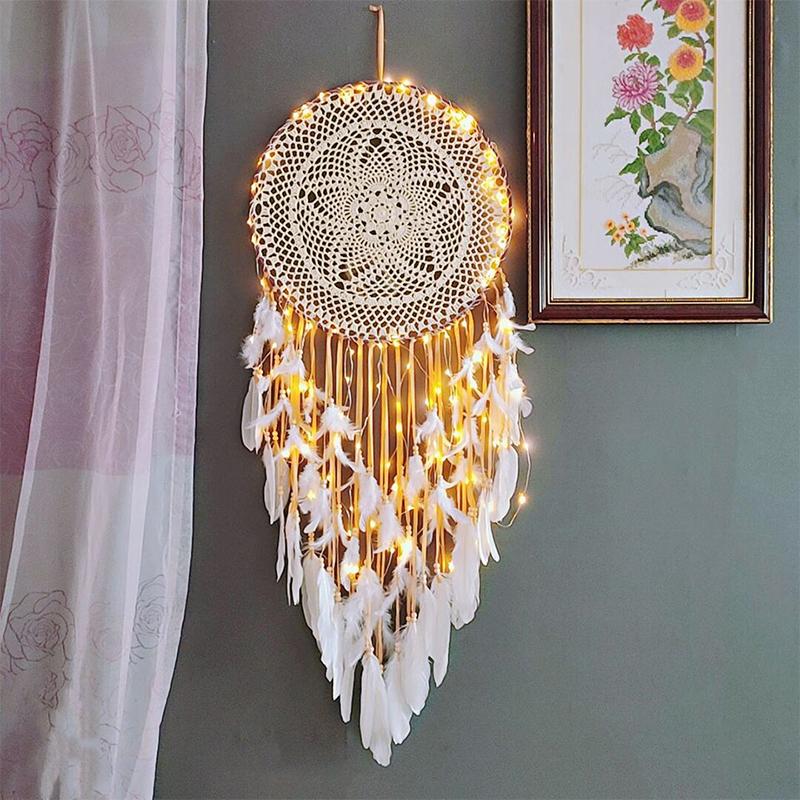 LED Light Dream Catcher Handmade Deamcatcher Feathers Wall Hanging Decoration Romantic Valentine's Day Gift for Girlfriend