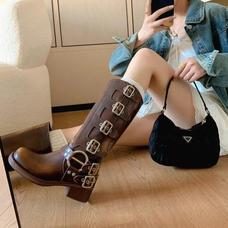 Metal Buckle Square Toe Knee High Boots Women Black PU Leather Punk Long Boots Woman Autumn 2026 Chunky Heels Motorcycle Booties