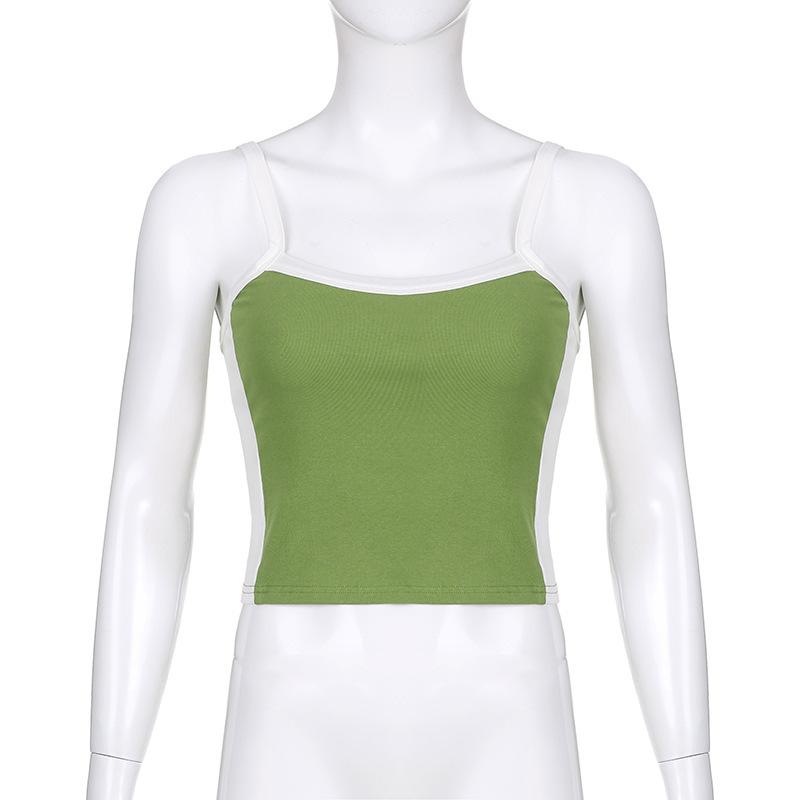 American Retro Spicy Girl Versatile Contrast Stripe Strap Sexy Off Shoulder Tight Open Umbilical Short Tank Top