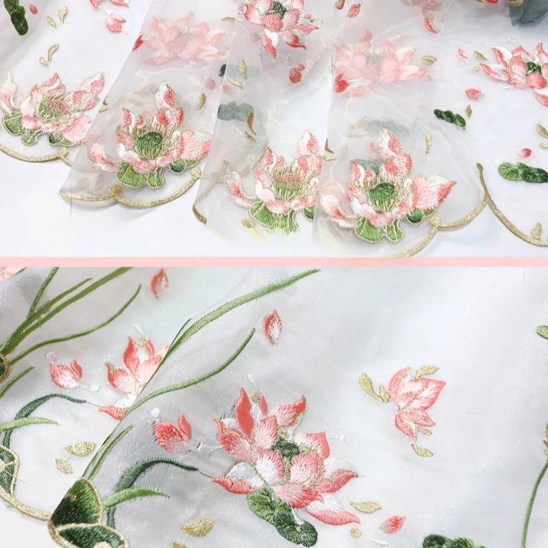 100 x 150 cm chinesische Farbverlauf-Stickerei Lotus Spitze weicher Stoff DIY Hanfu Shirts Puppentuch DIY Nähen Handwerk Organza Tüll Stoff