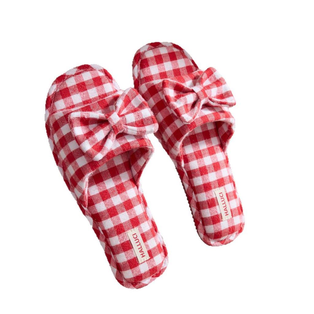 Four Seasons Plaid Bow TPR Sole Non-Slip Durable Women's Indoor Slippers