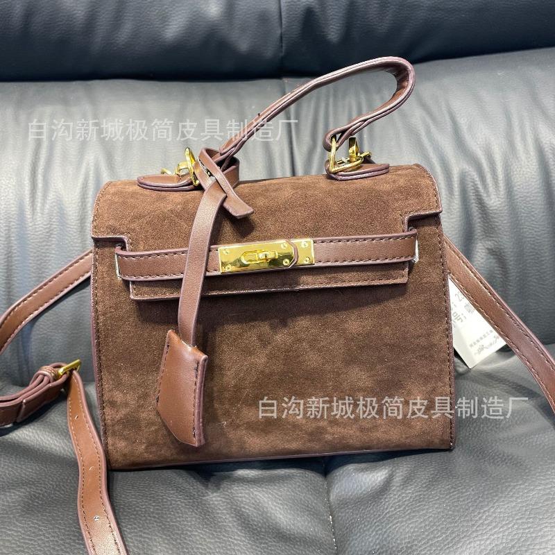 Vintage Matte Portable Suede Kelly Bag Velvet Platinum Bag Autumn and Winter New Fashion Shoulder Ellyag