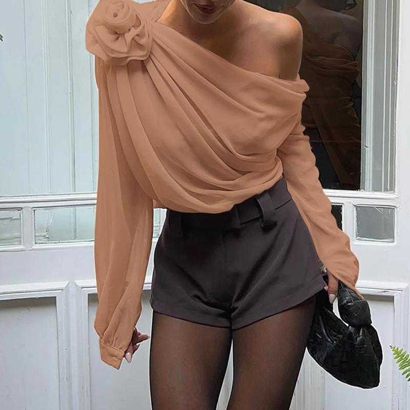 

VONDA Жіночі вінтажні блузки з довгими рукавами з відкритими плечима з квітковим ліхтариком 4XL світло-коричневого кольору