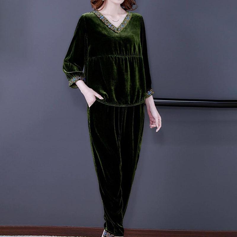2pcs Pants Suits Autumn Retro Women's V Neck Plus-size Velvet Blouse High-waist Velvet Harem Pants Two-piece Set