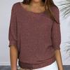 Women Tops Round Neck 3/4 Sleeve Solid Color Tee Shirt Loose Fit Knitting Blouse Stretchy Breathable Tops Streetwear