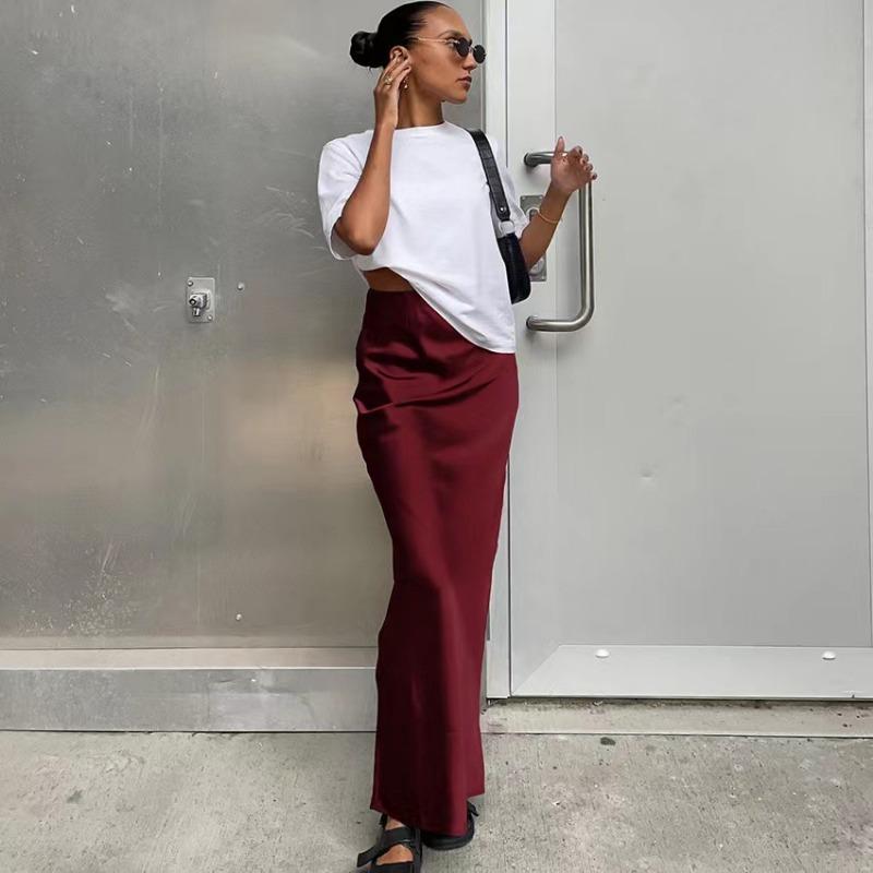 2026 Summer Simulated Silk Satin Skirt Woman Wrap Hip High Waist Solid Vintage Skirts Women Casual Elegant Mermaid Skirt Female Clothing 24132