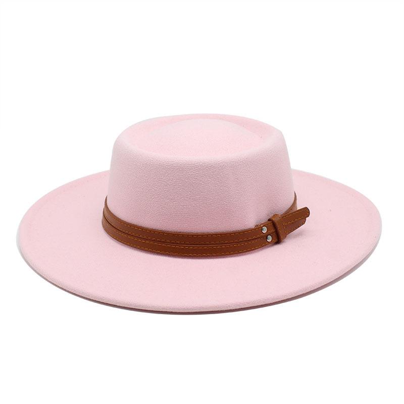 French Double Belt Buckle White Woolen Hat Flat Top Top Hat Female British Retro Style Wide Brim Felt Hat