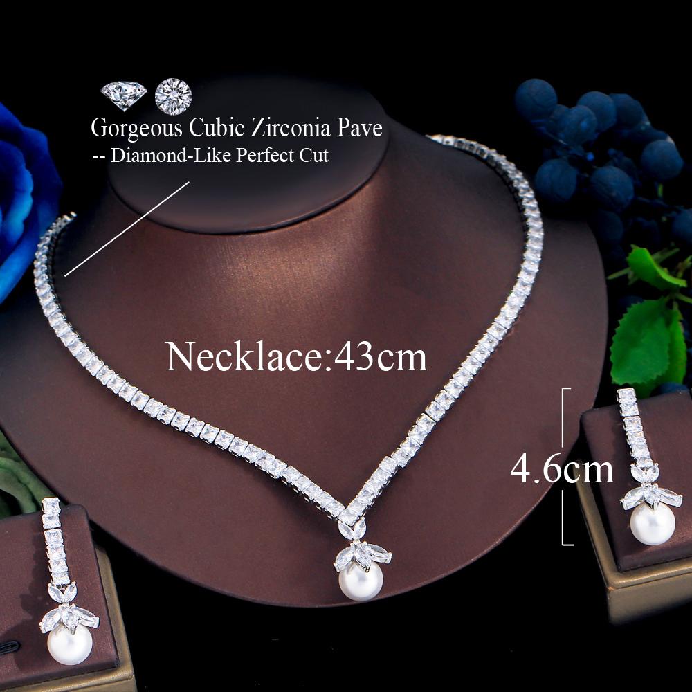 CMM Elegant Dangle Drop White Cubic Zirconia Women Party Necklace Earrings Artificial Pearl Jewelry Set
