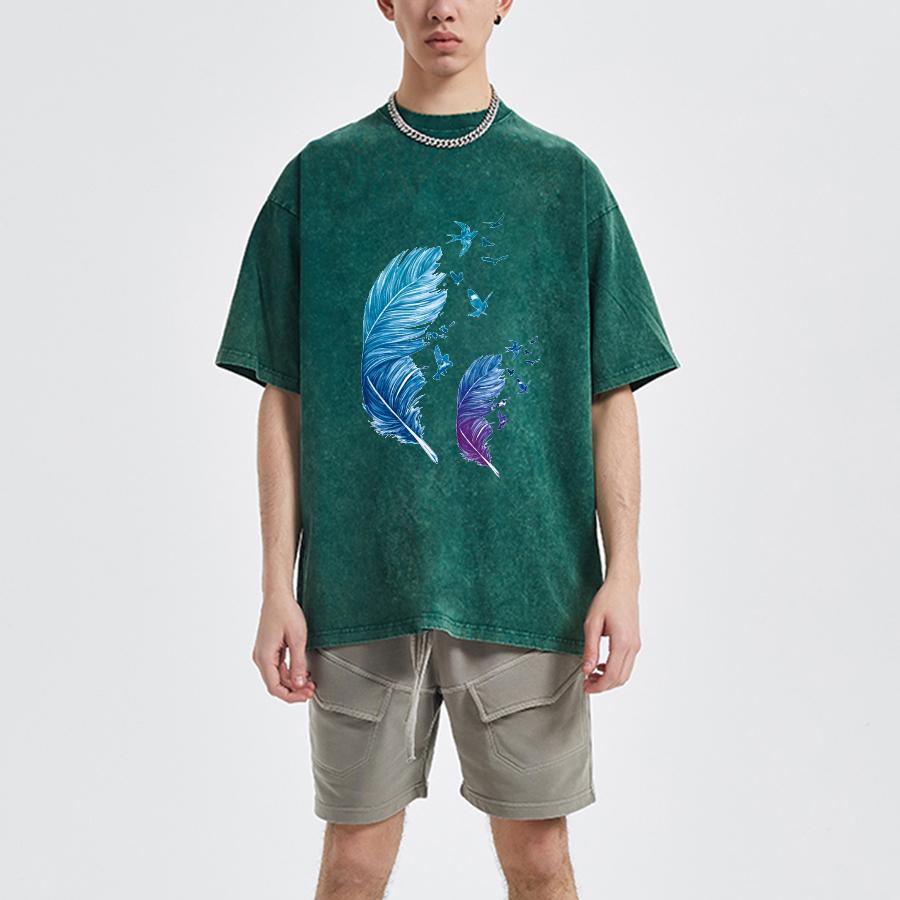 Washed Denim Women's Color Collision Girls Feather Abstract Printing Casual T-shirt Women's Basic Models Round Neck