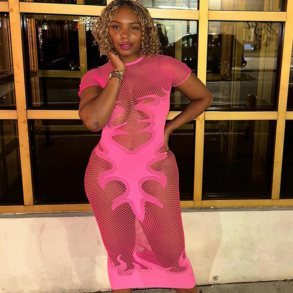 Wind Fashionable and Sexy Hollow Perspective Tight Dress New Spice Girl Flame Detail Fishing Net Round Neck Long Dress