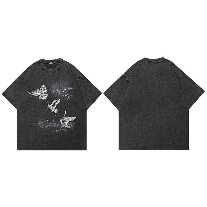 

Hip Hop Faded Black TShirt Streetwear Aesthetic Graphic T Shirt Flying Birds Printed Men Tshirt Cotton Tops Tees S