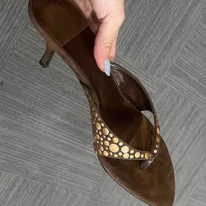 New Women's Slippers Toe Clip Thin Heels Pointed Toe Flannel Flip Flops Dress Leisure Fashion All-match Dots Zapatillas De Mujer