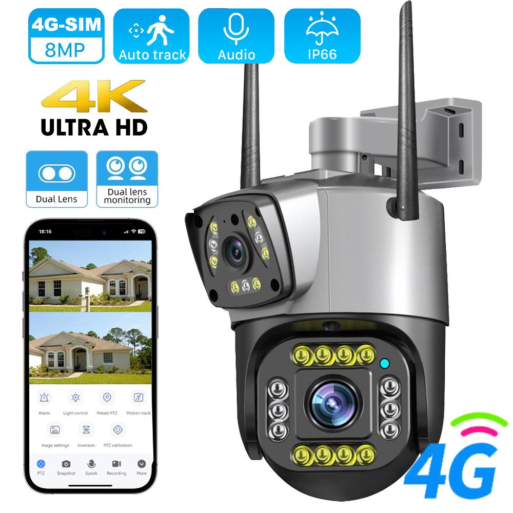 

8MP 4K 4G IP Camera Dual Lens Wireless Network Monitor Home Outdoor Waterproof PTZ CCTV Camaras Security Protection V380 Pro App 8MP 4G No Card білий