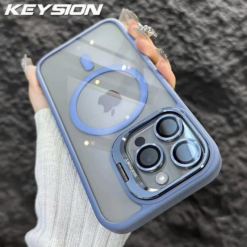 KEYSION Magnetic Transparent Phone Case for MagSafe for iPhone 11 12 13 14 Pro Max Lens Protector Metal Stand Shockproof Cover