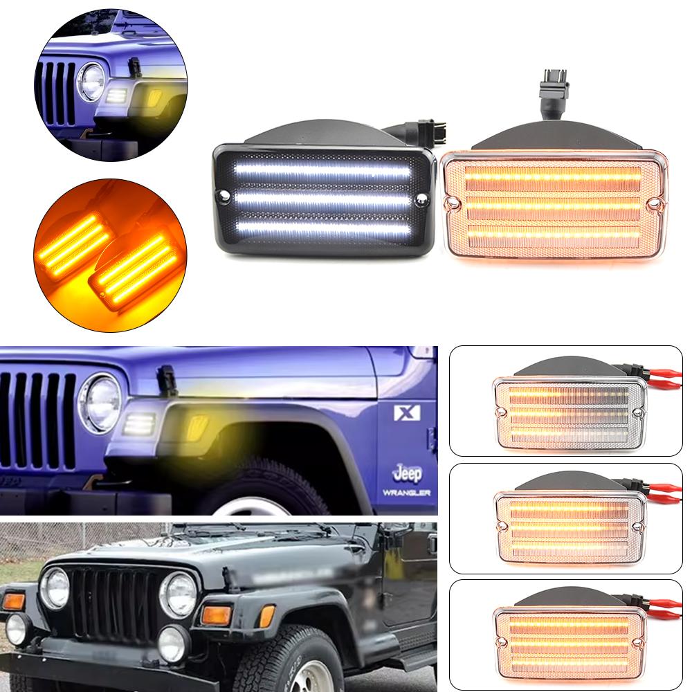 Fit For Jeep Wrangler TJ 97-06 Dynamic Amber LED Front Bumper Side Marker Lights White Parking Light Turn Signal Blinker Lamp