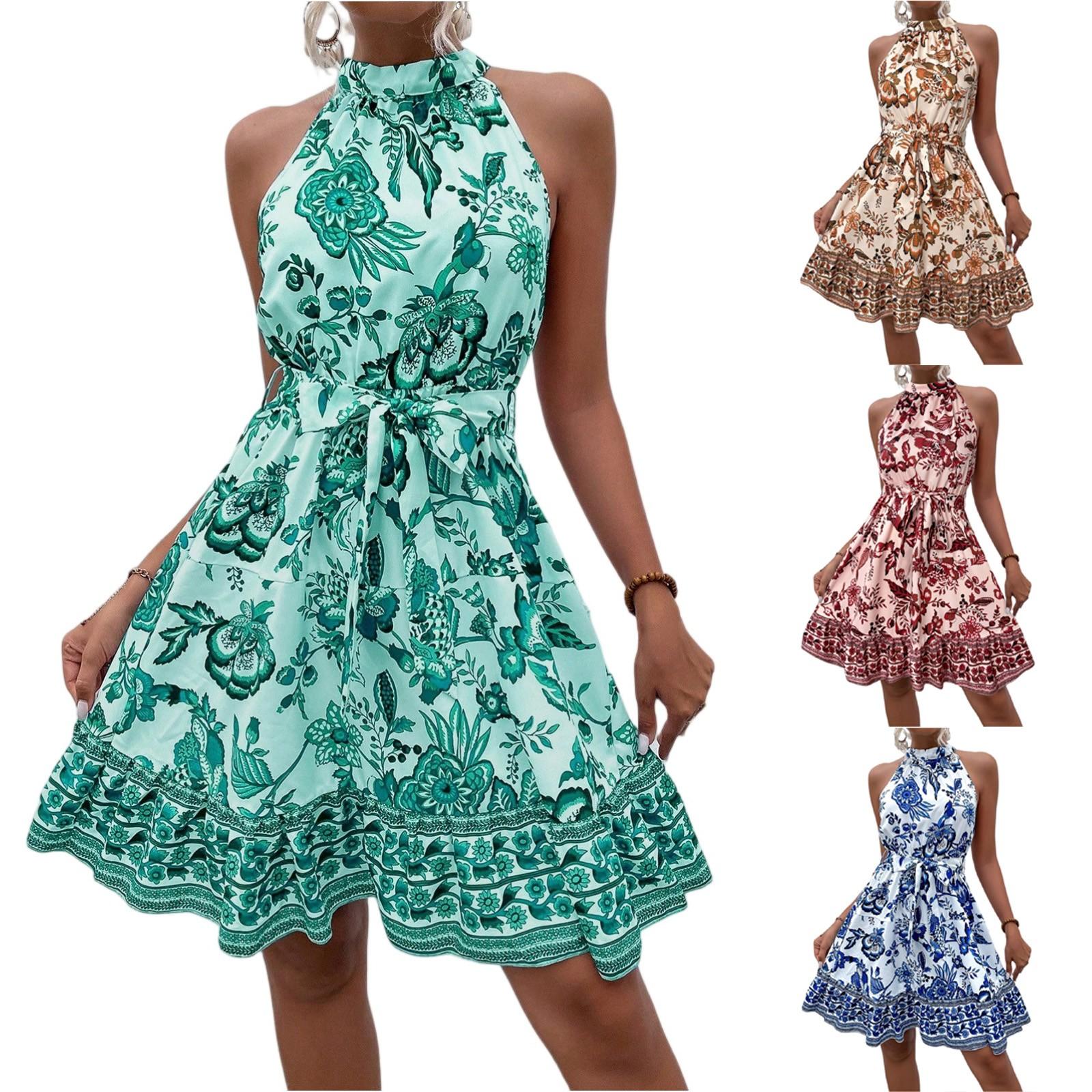 

Women s Fashionable Floral Print Neck Tie Waist Cinching Sleeveless Dress S зелёный