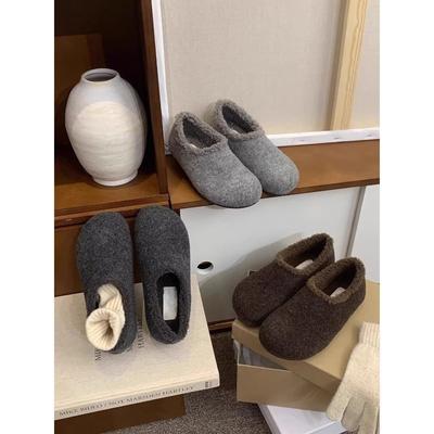 Gray Fluffy Shoes for Women In Winter, Single Shoes for One Pedal, Flat-soled Birkenstocks for Women, Plush Warm Beanie Cotton Shoes