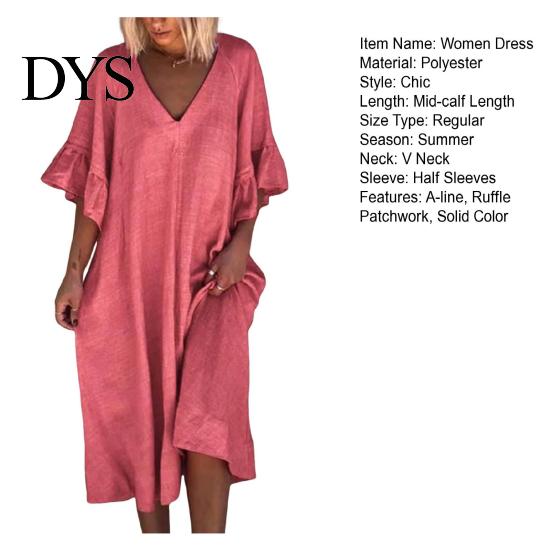 V Neck Midi Dress Summer Women Ruffle Patchwork Cuffs Loose Solid Color A-line Big Swing Half Horn Sleeves Casual Pullover Daily Wear Ruffled