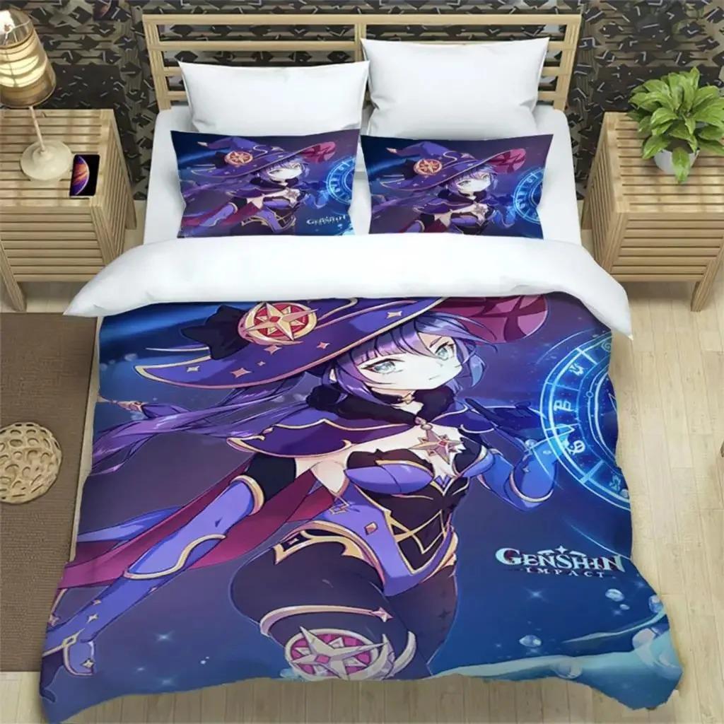 Genshin Impact Print 3 Piece Bedding Set For Boys Adults Quilt Cover Pillowcases Soft Comfortable Fashion Bedding