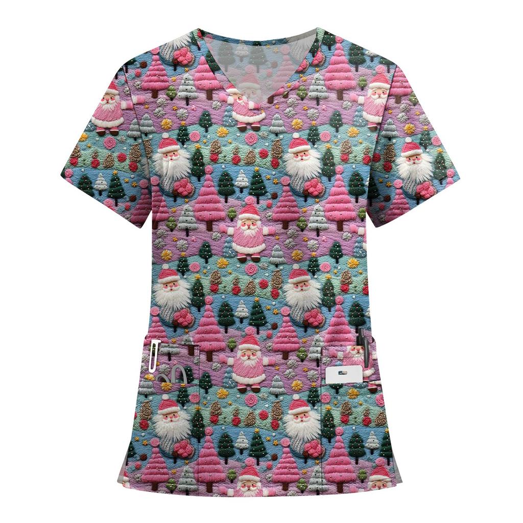 Women's Fashion Printed Short Sleeve V Neck Pattern Tops Pocket Working T-shirts