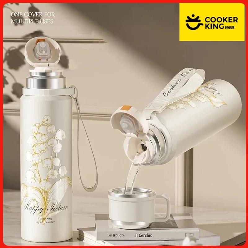 COOKER KING Thermos Water 600ml/800ml Bottle Flower Pattern Tea Cup Stainless Steel Insulated Cup with Tea Strainer Tea Maker