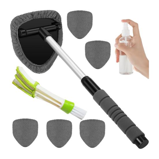 Car Cleaning Brush with Reusable Pads Extendable Handle Sprayer Brush Windshield Cleaning Tool for Car Interior Exterior Glass Cleaning