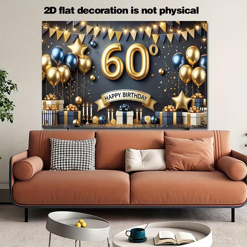 2D Blue & Gold 60th Birthday Backdrop, Luxury Balloon Gift Themed Photography Background