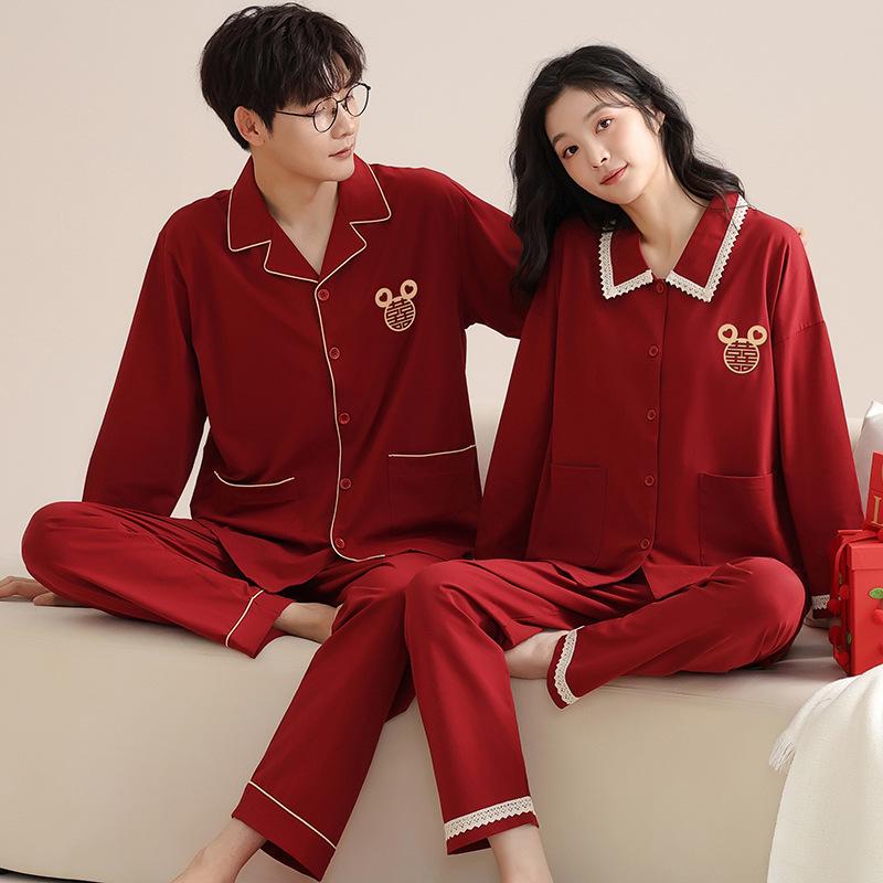 Red Pajamas for Couples - Spring/Autumn 2025 Pure Cotton High-Grade Dowry Festive Homewear for Newlyweds
