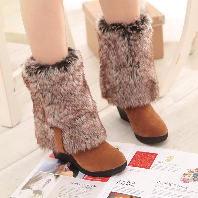Fashion 34-43 Winter Fur Boots Ladies High Heels Platform Knee High Snow Boots Women Warm Fur Wedge Shoes Woman