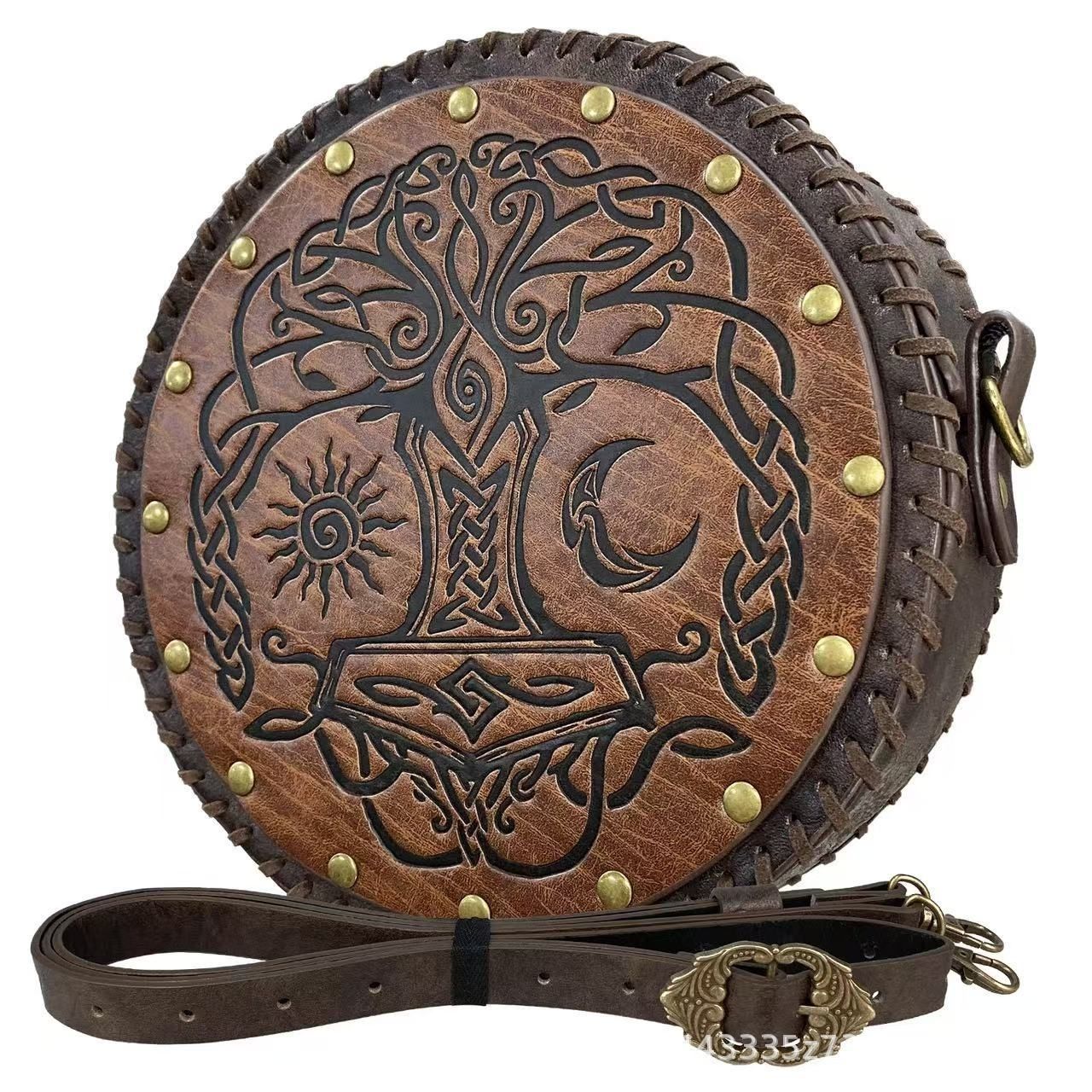 

Vintage Medieval Embossed Studded Shoulder Bag Women Braided Rope Round Large Capacity Crossbody Bag Ladies Personality Bag 2025 20x20x5.5cm коричневый