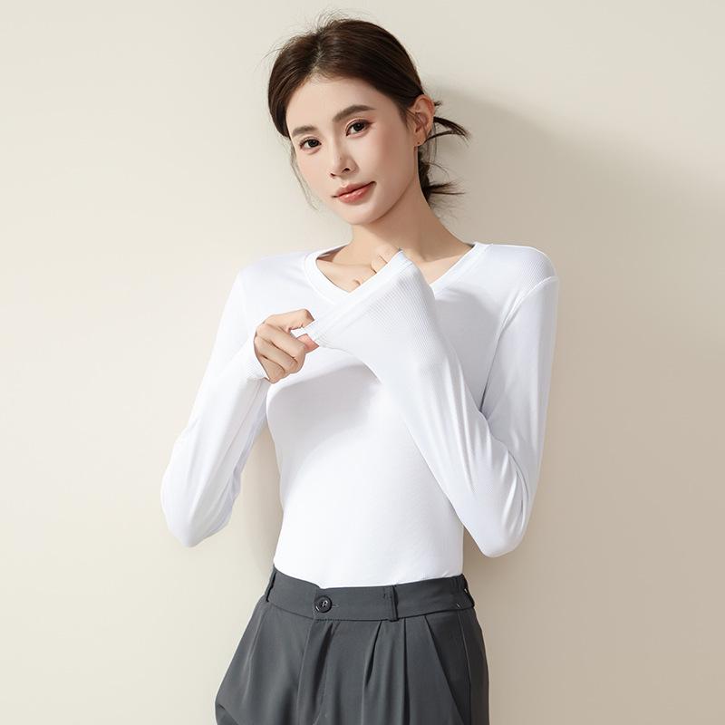 Women's Round Neck Ribbed Ice Silk Base Layer T-Shirt for Autumn/Winter - Slim Fit, Solid Color, Ideal for Yoga & Dance