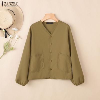 Women V-neck Casual Loose Long Sleeve Solid Blouse