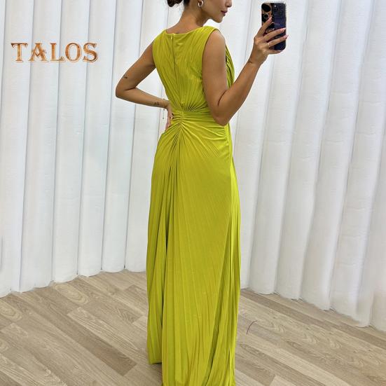 Abendkleid für Damen, plissiert, Schlitzsaum, bodenlang, einfarbig, Strass-Dekor, ärmellos, Rundhalsausschnitt, hohe Taille, Strass-Dekor, Abschlussball, Cocktailparty