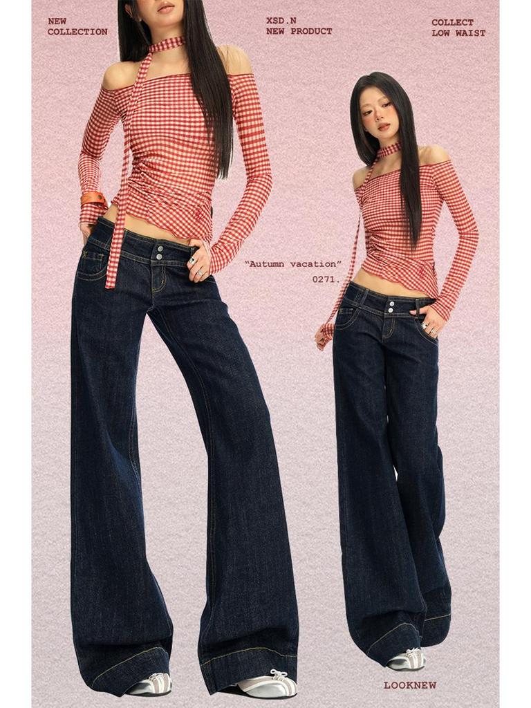 25. OOTD: Americké Retro Tmavě Modré Micro-Flare Volné Zeštíhlující Dlouhé Džíny