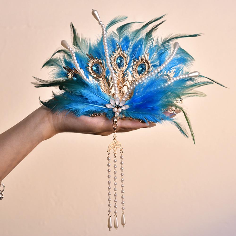 Vintage Chinese Hanfu Hair Crown Jewelry Peri Feather Tiara Rhinestone Phoenix Coronet  Party