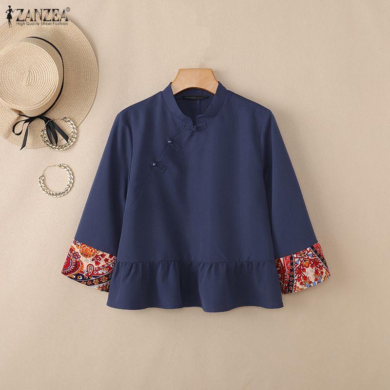 ZANZEA Damen Lässige Stehkragen Patchwork 3/4 Ärmel Retro Bluse