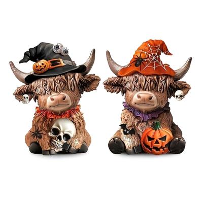 Highland-Kuh mit Schädel Kürbis Statue Einzigartiges Weihnachtsgeschenk Handgefertigte Harzfigur Halloween Tischaufsteller