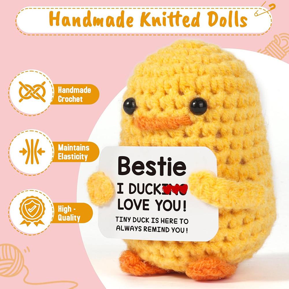 Positive Energy Duck Handmade Plush Wool Knitting Doll With Card Funny Crochet Duck Ornament Christams Gift Home Room Decoration