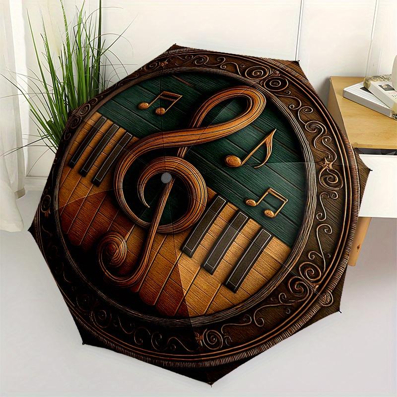 Golden Musical Notes on Wooden FrameUmbrella, PortableFold Compact Umbrella for Men & Women Gift